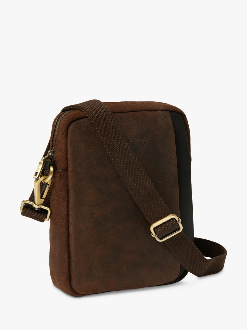 OSPREY LONDON leather messenger bag in chocolate and black, imported from the UK