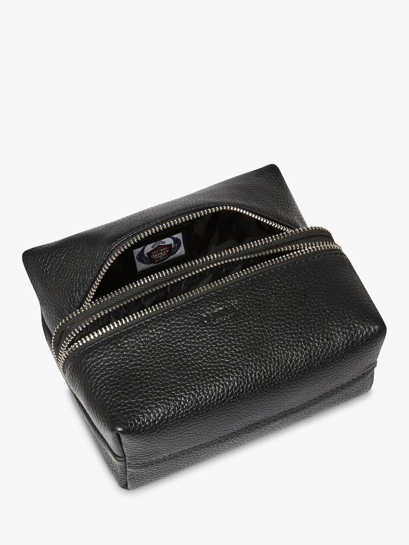 Osprey London black leather double zip small wash bag, imported from the UK
