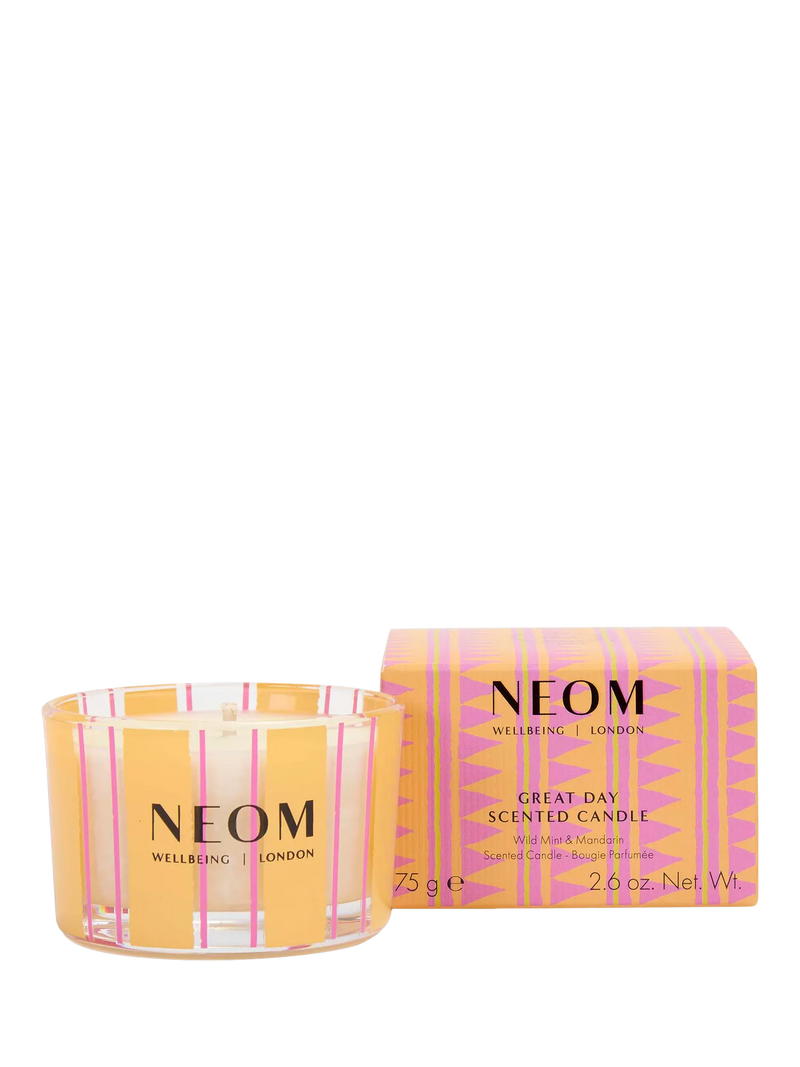 NEOM Wellbeing London Great Day Travel Candle 75g, imported from the UK