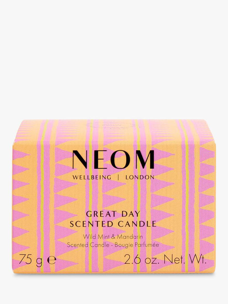 NEOM Wellbeing London Great Day Travel Candle 75g, imported from the UK