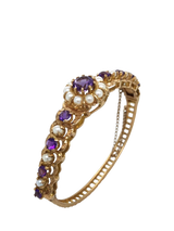 John Lewis Vintage Fine Jewellery Pre-loved 9ct Yellow Gold Cultured Pearl and Amethyst Bangle- Buy online at McGrocer