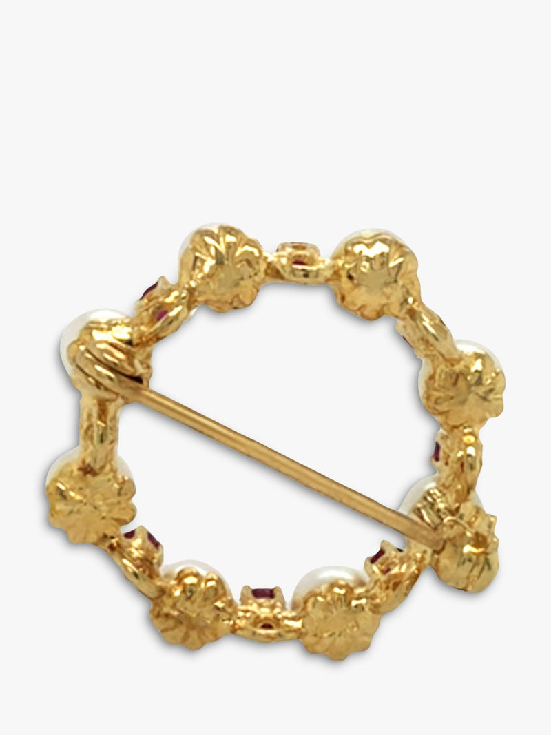 Vintage Fine Jewellery pearl garnet circle brooch 9ct gold - British product