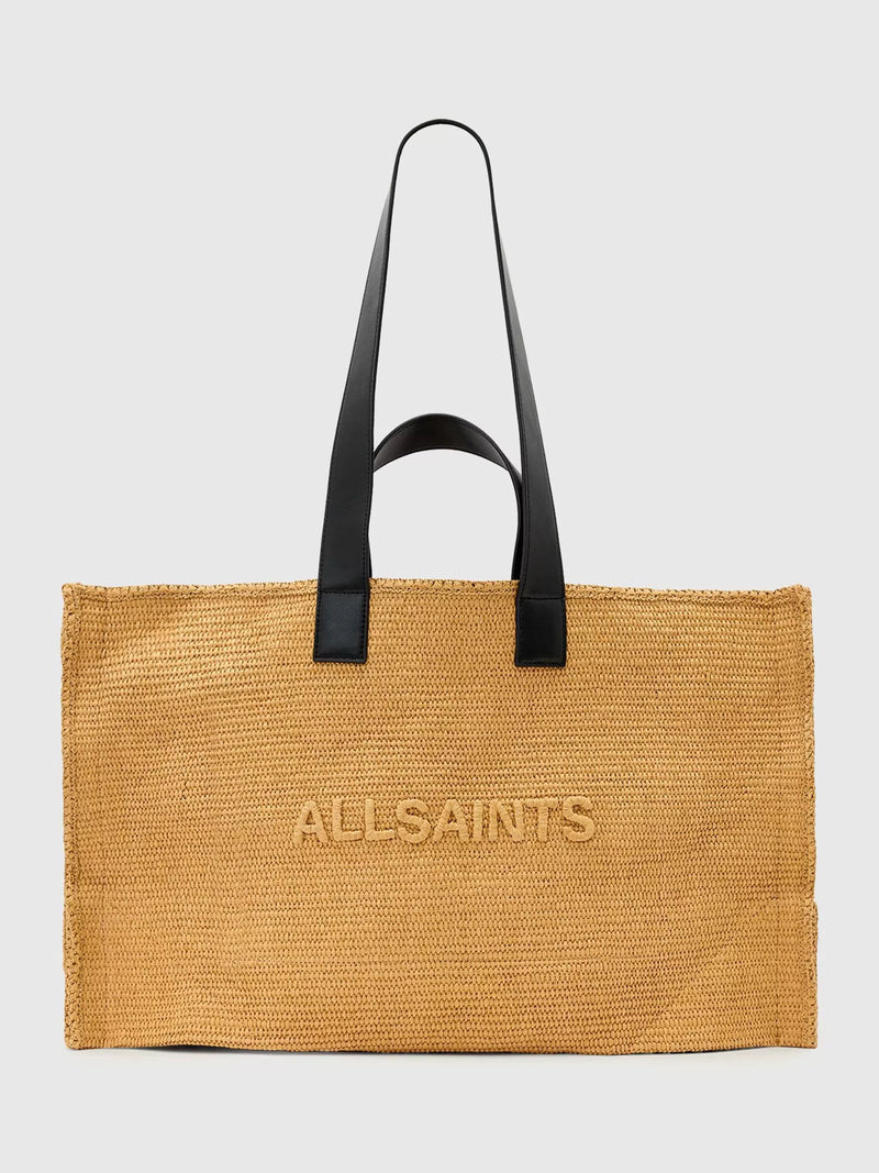 AllSaints Lutece raffia tote, biscuit brown, imported from the UK