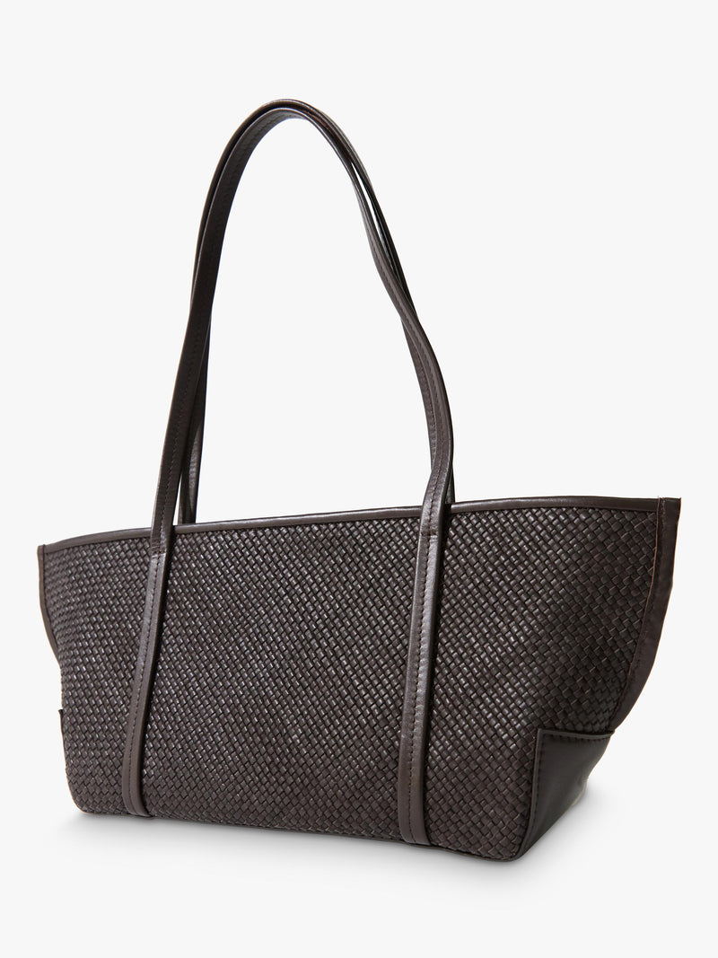 St. Agni woven slim bateau tote bag in coffee, imported from the UK