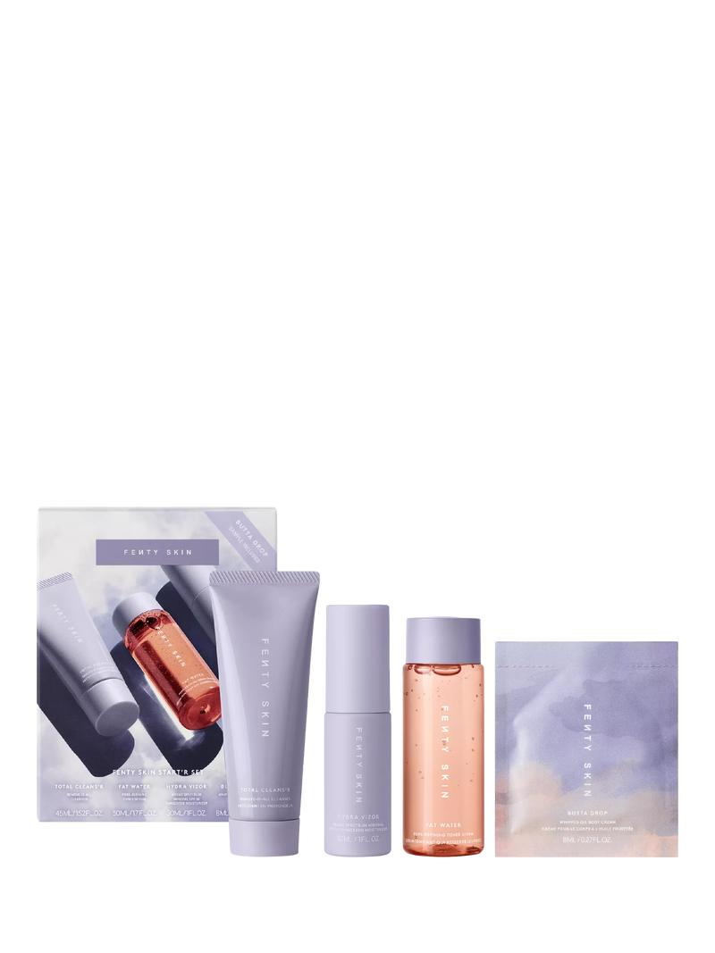 Fenty Skin travel skincare gift set with cleanser toner moisturizer, imported from the UK