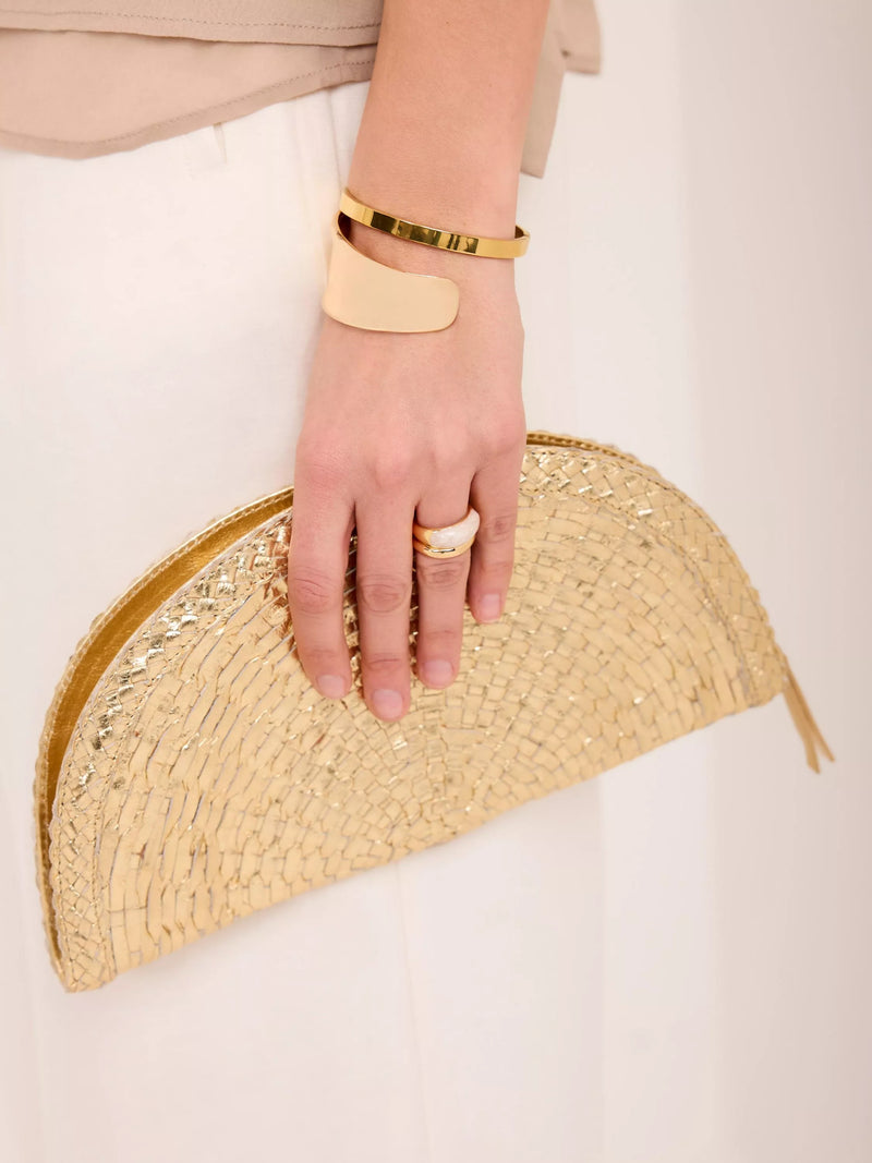 Mint Velvet leather woven clutch bag gold, imported from the UK