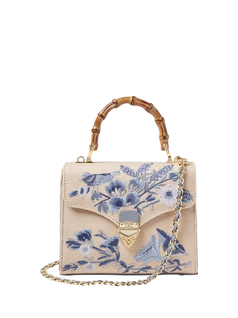 Aspinal of London Mayfair embroidered canvas grab bag in skyblue, UK version