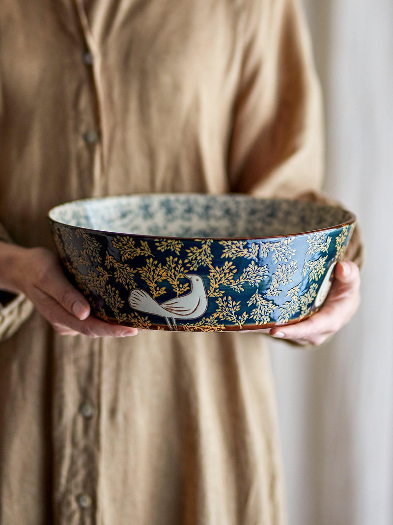 Bloomingville hand-painted bird serving bowl 28cm (British brand)
