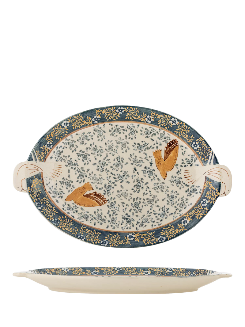 Bloomingville Hezha bird stoneware serving tray in blue (British brand)