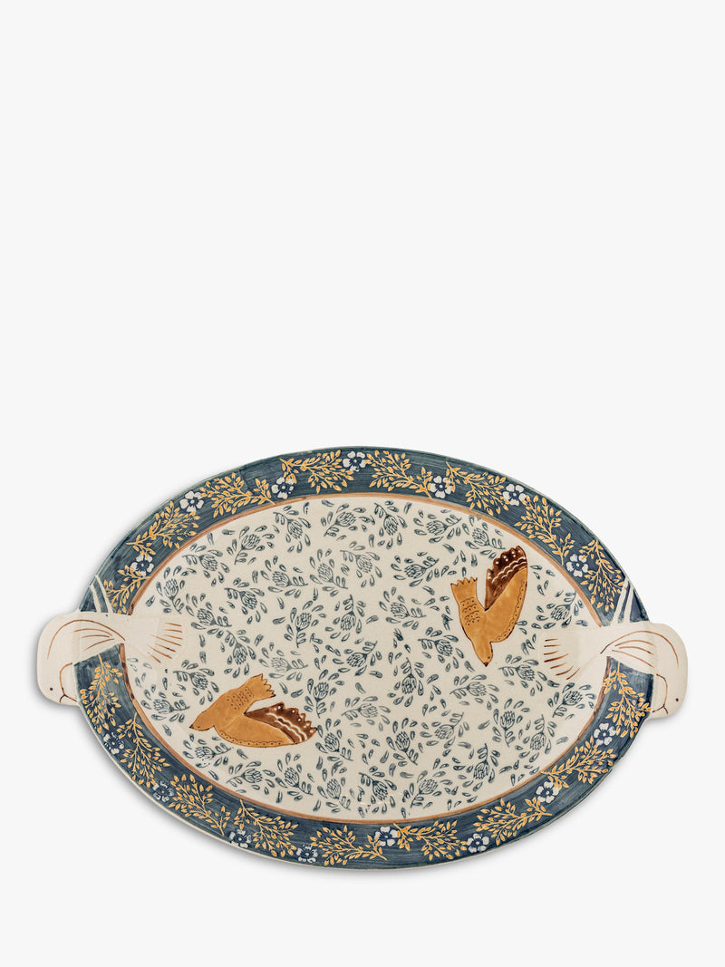 Bloomingville Hezha bird stoneware serving tray in blue (British brand)