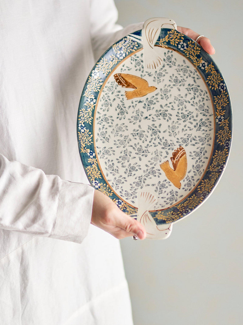 Bloomingville Hezha bird stoneware serving tray in blue (British brand)