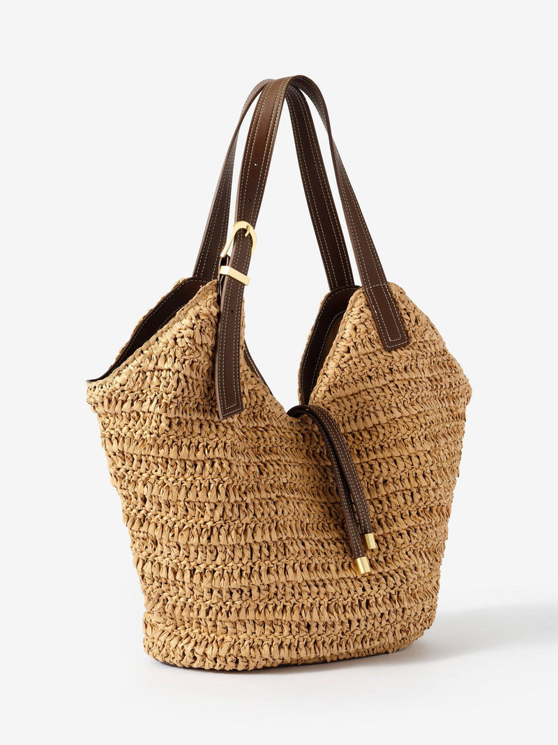 Mint Velvet woven bucket bag in Natural, imported from the UK