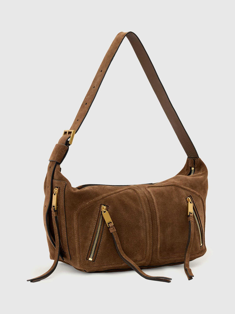 AllSaints suede shoulder bag brown mid (British brand)