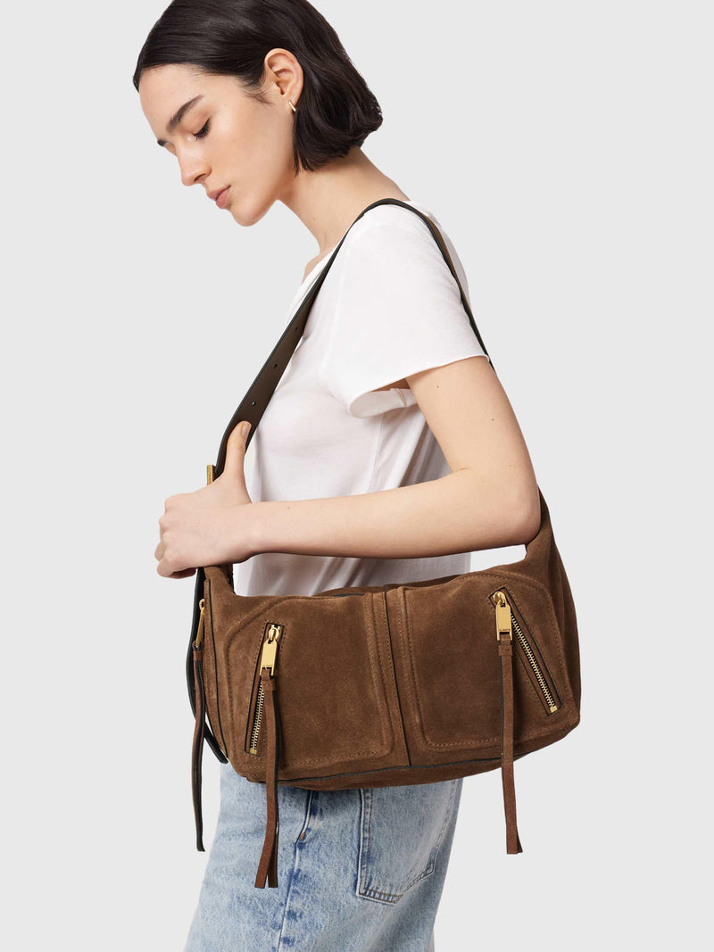 AllSaints suede shoulder bag brown mid (British brand)