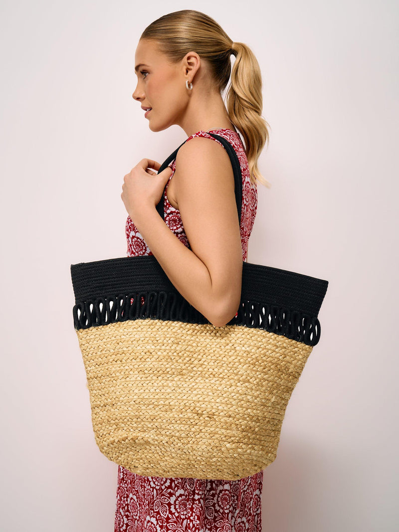 Crew Clothing natural jute tote bag with fringe, imported from the UK