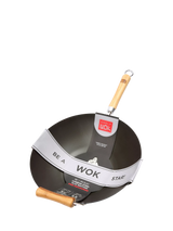 John Lewis School Of Wok Flat Bottom Pre-Seasoned Carbon Steel Wok with Bamboo Handles, 40.5cm- Buy online at McGrocer