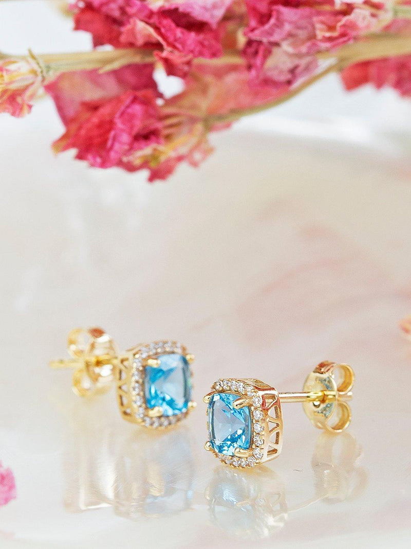 IBB blue topaz cubic zirconia square stud earrings 6mm (British brand)