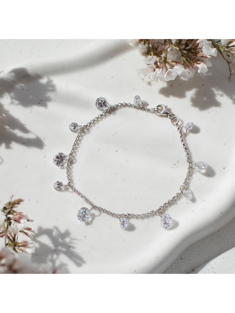 IBB sterling silver cubic zirconia drop charm bracelet, imported from the UK