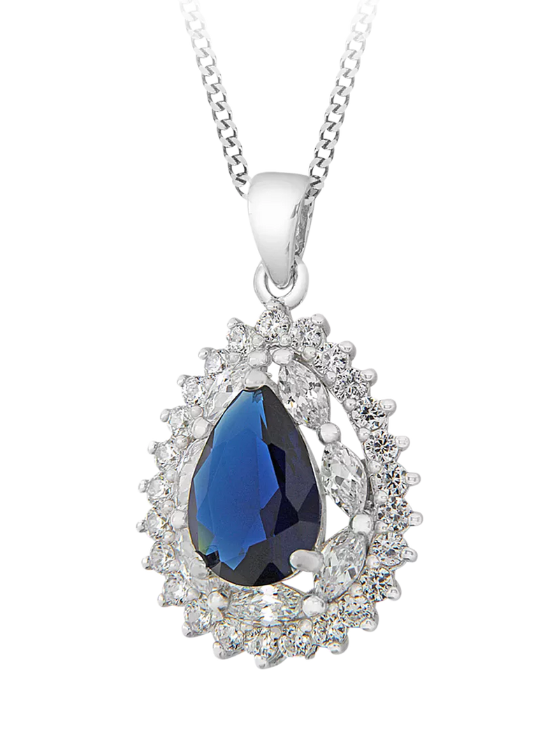 IBB blue and white cubic zirconia teardrop pendant necklace, imported from the UK