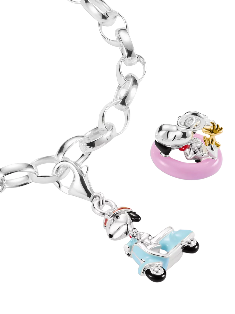THOMAS SABO Snoopy Woodstock bath ring charm pendant in silver and pink enamel, imported from the UK