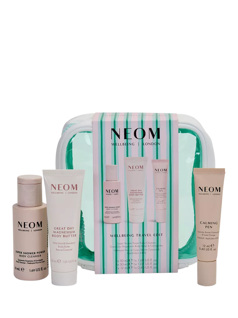 NEOM Wellbeing Travel Edit gift set with three bodycare products, UK version