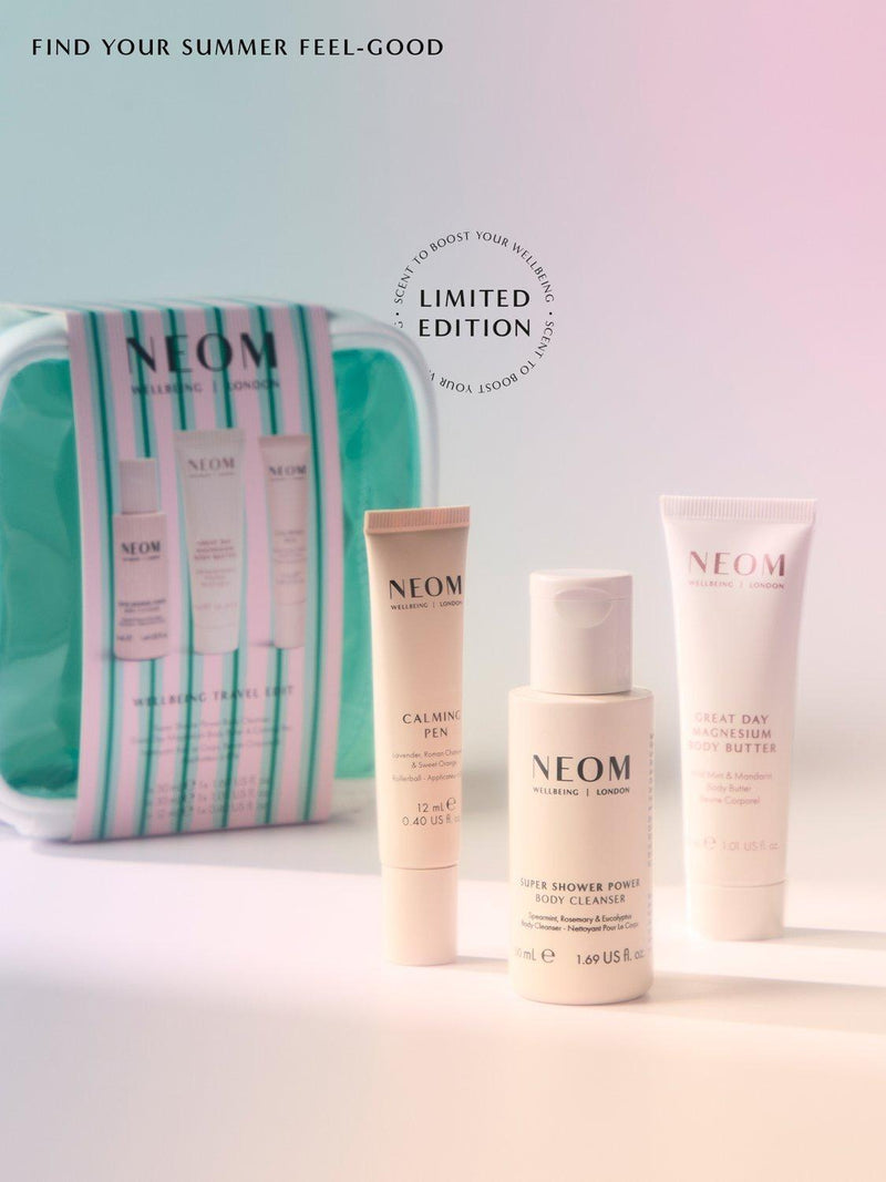 NEOM Wellbeing Travel Edit gift set with three bodycare products, UK version