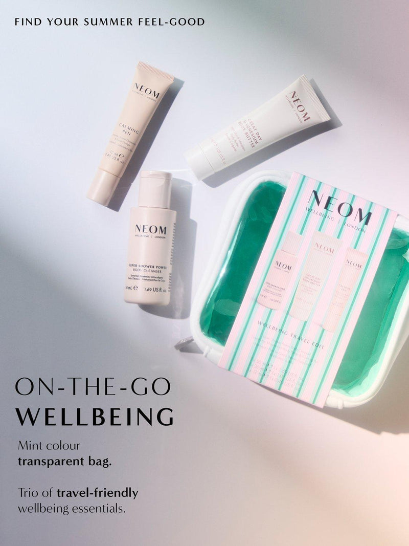 NEOM Wellbeing Travel Edit gift set with three bodycare products, UK version