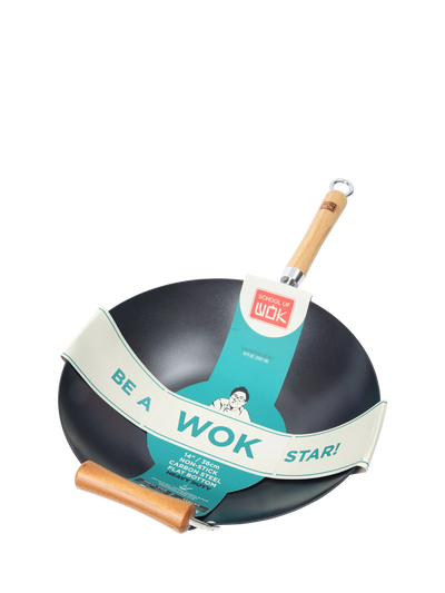 John Lewis School Of Wok Flat Bottom Carbon Steel Non-Stick Wok with Bamboo Handles, 36cm- Buy online at McGrocer