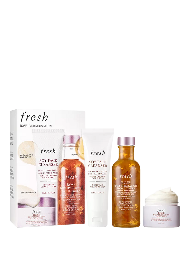 Fresh Rose Hydration Ritual gift set with cleanser toner and cream, UK version