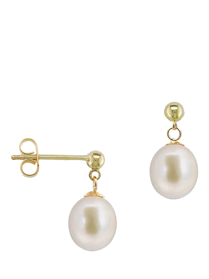 E.W Adams 9ct gold oval pearl drop earrings, imported from the UK