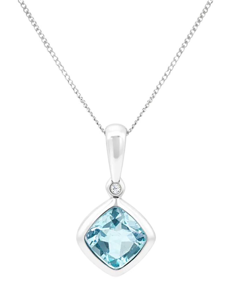 E.W Adams blue topaz diamond pendant necklace 9ct white gold, UK version