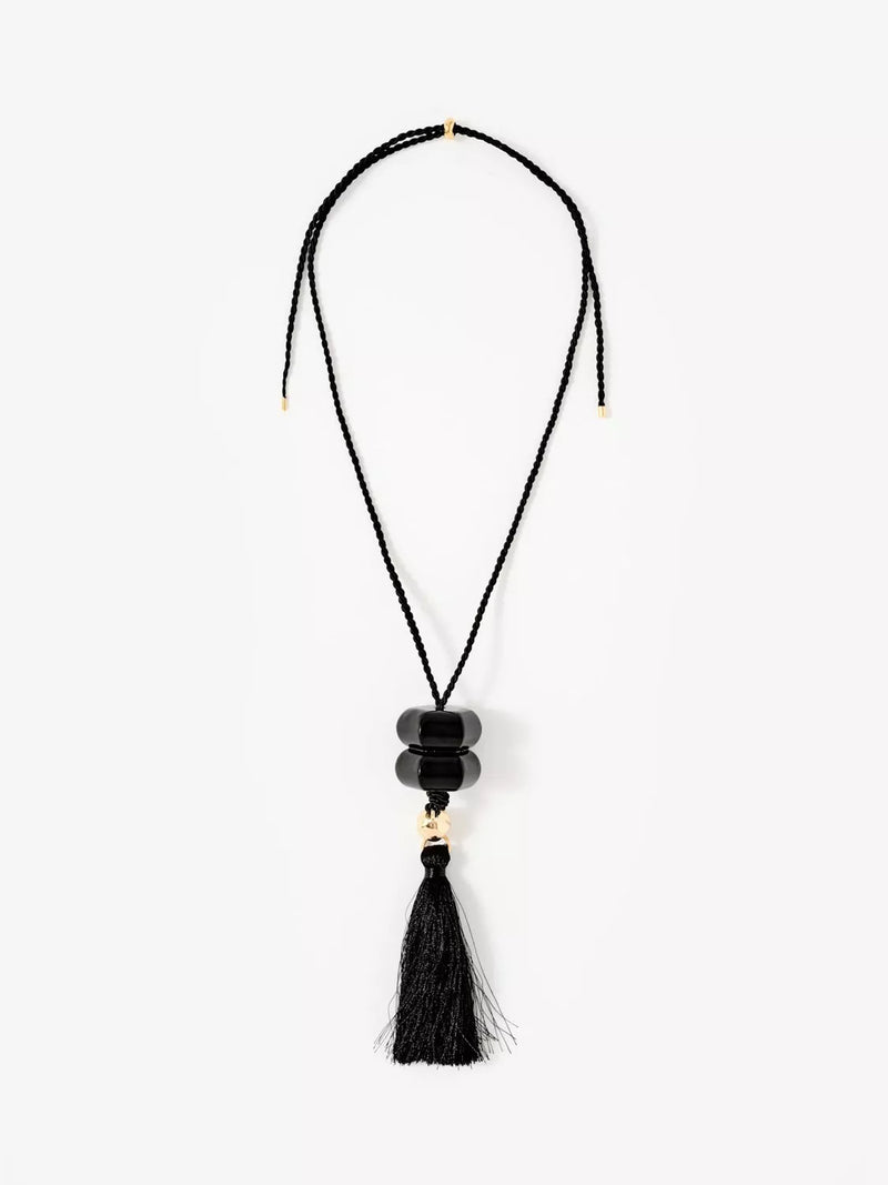 Mint Velvet tassel pendant necklace black gold 62cm, imported from the UK