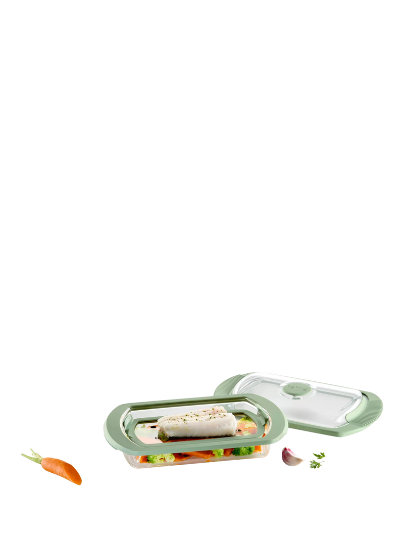 Lékué glass steam cooker with tray and recipe book (British brand)