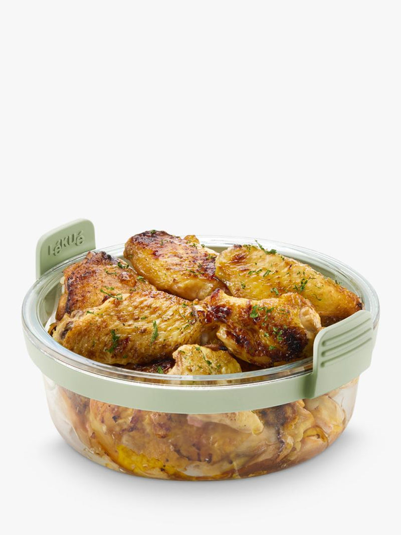 Lékué air fryer round glass dish with green silicone handles (British brand)