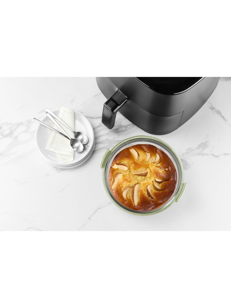 Lékué air fryer round glass dish with green silicone handles (British brand)
