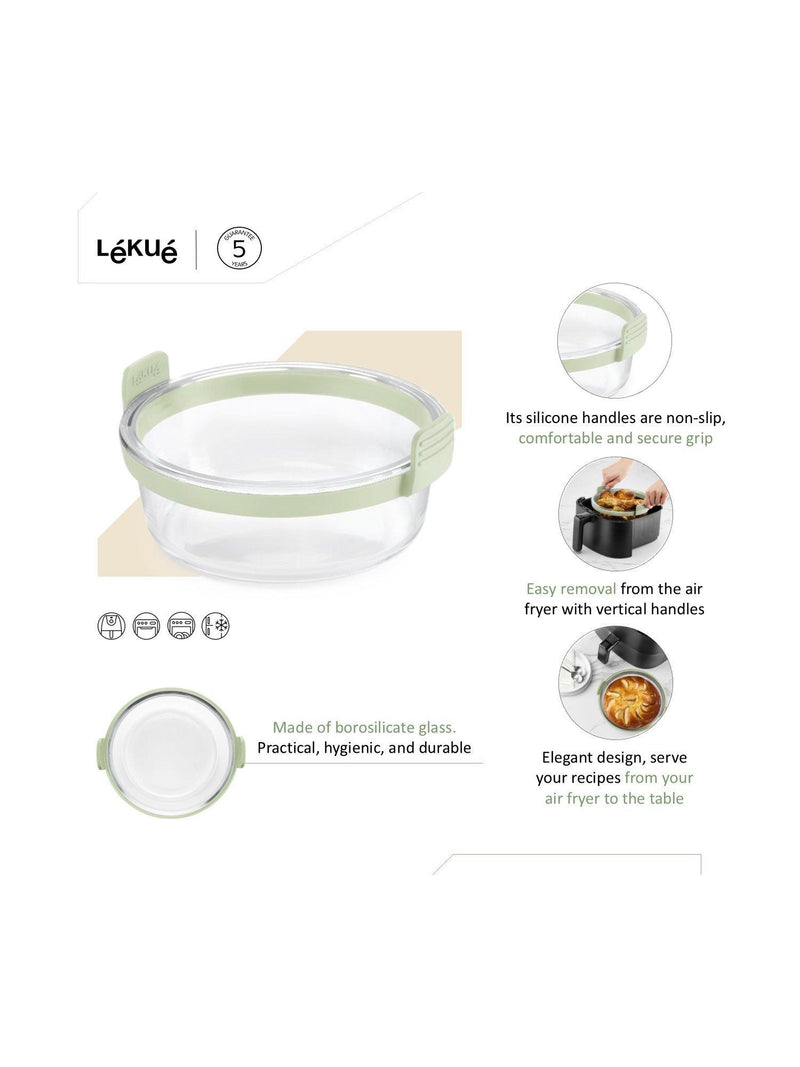 Lékué air fryer round glass dish with green silicone handles (British brand)