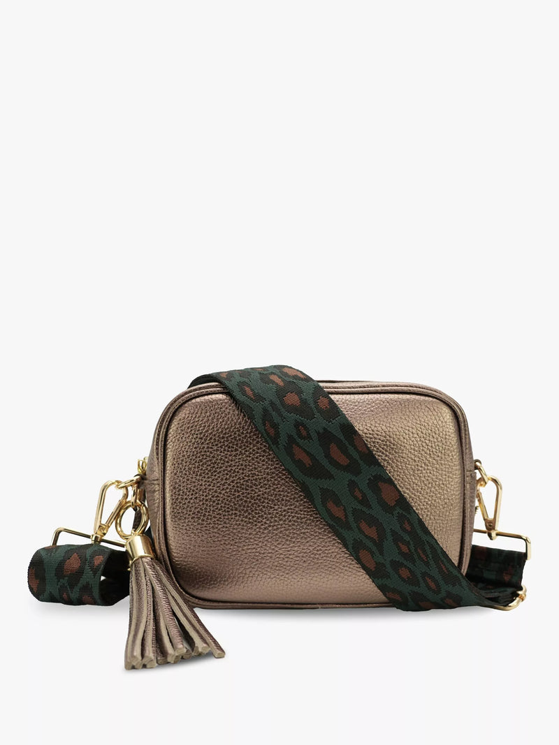 Apatchy London tassel leather crossbody bag bronze cheetah strap - British product