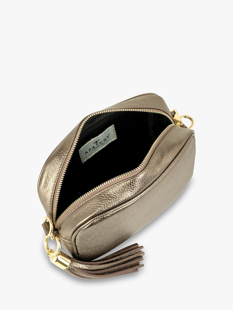Apatchy London tassel leather crossbody bag bronze cheetah strap - British product