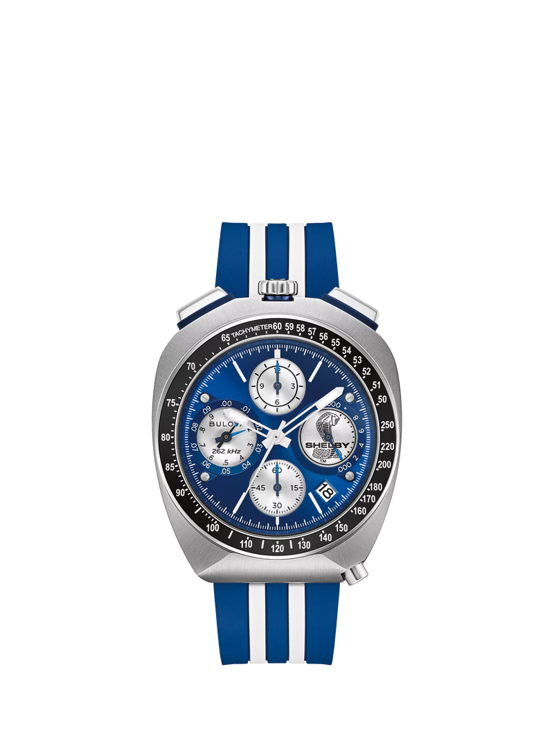Bulova racing chronograph watch blue dial rubber strap, UK version