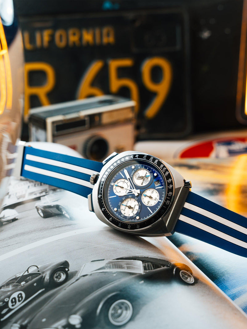 Bulova racing chronograph watch blue dial rubber strap, UK version