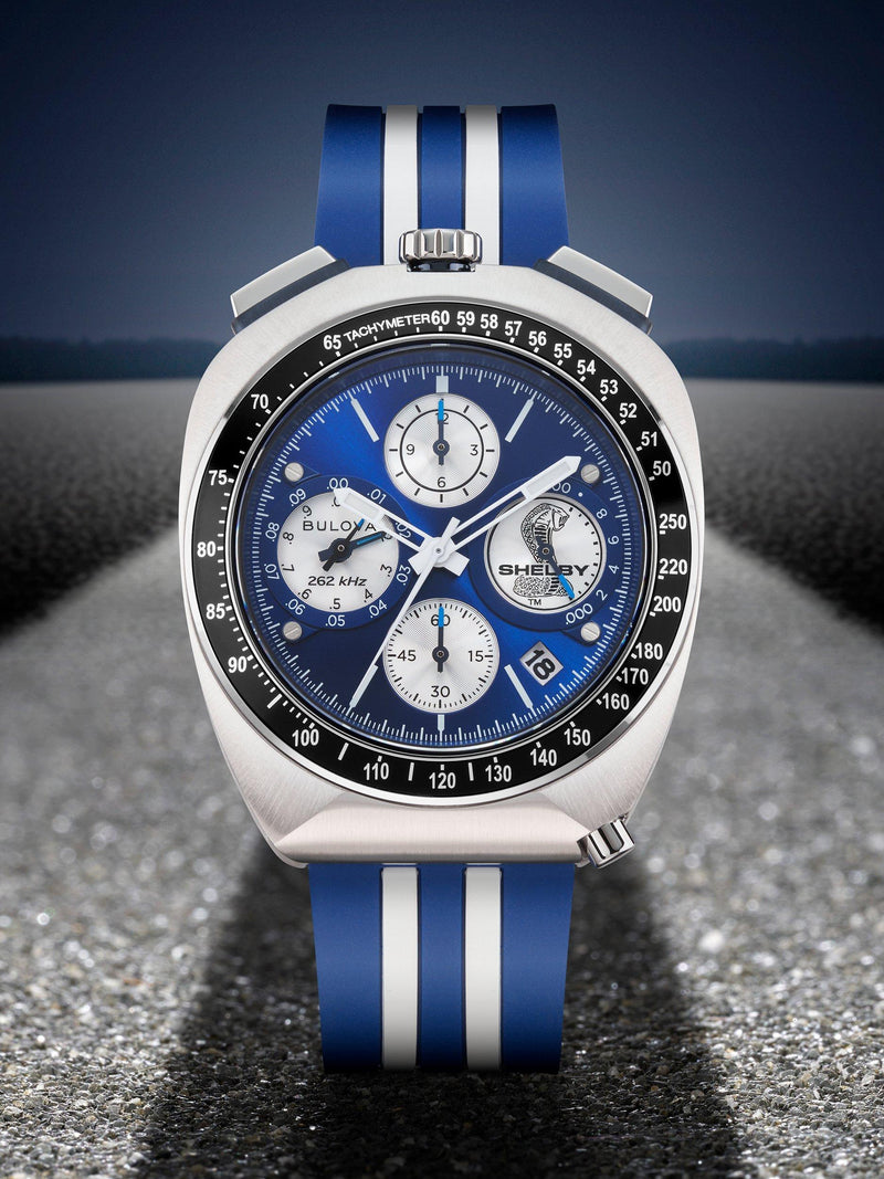 Bulova racing chronograph watch blue dial rubber strap, UK version