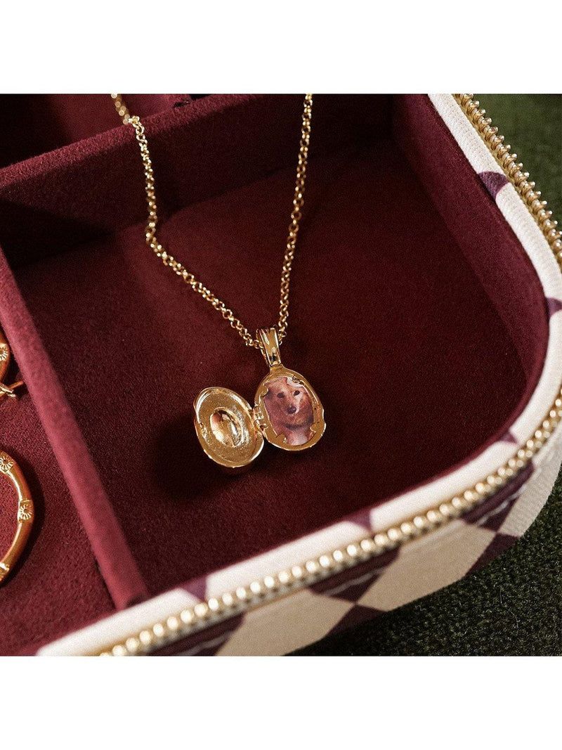 Daisy London gold locket necklace, lab-grown sapphire (British brand)