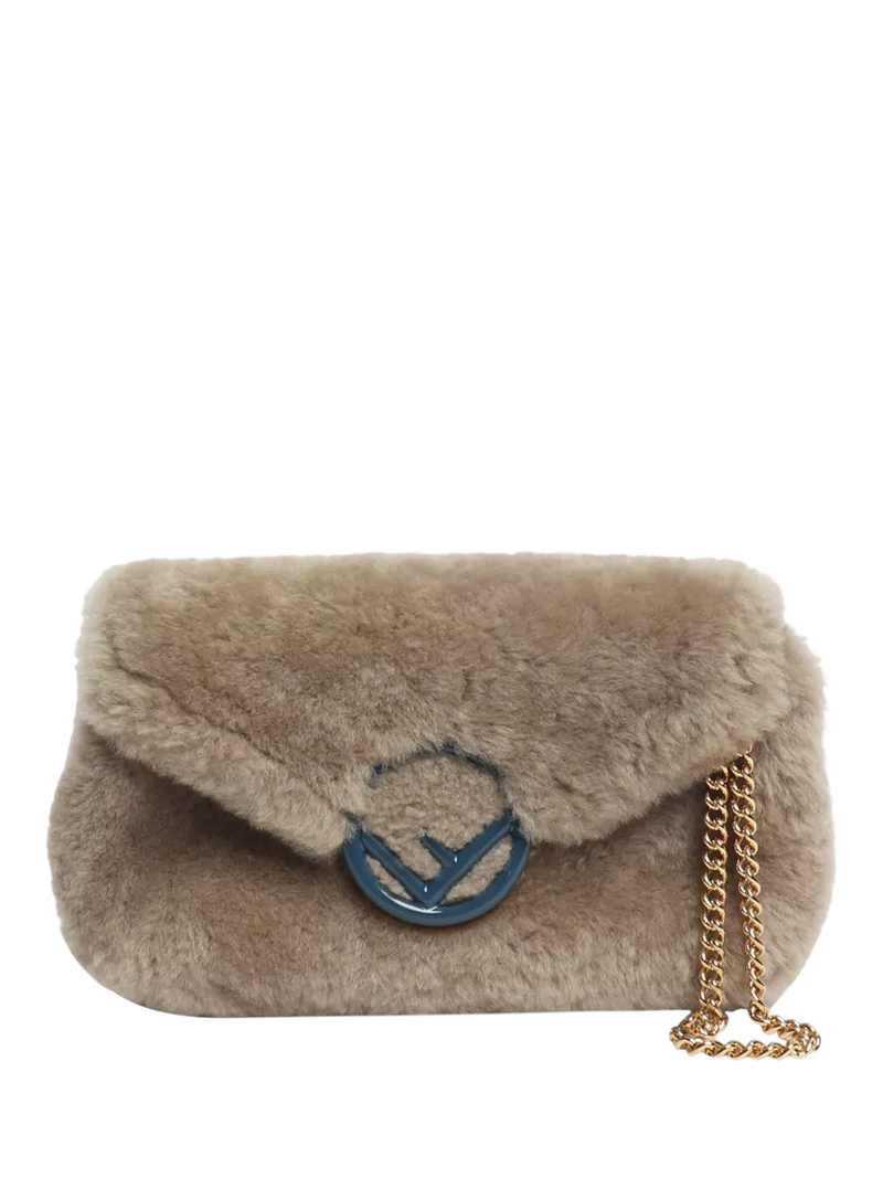 Pre-loved Fendi shearling belt bag taupe with gold hardware, imported from the UK