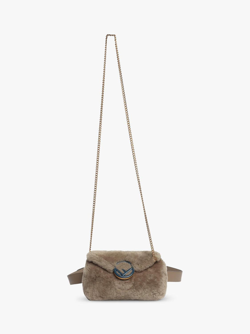 Pre-loved Fendi shearling belt bag taupe with gold hardware, imported from the UK