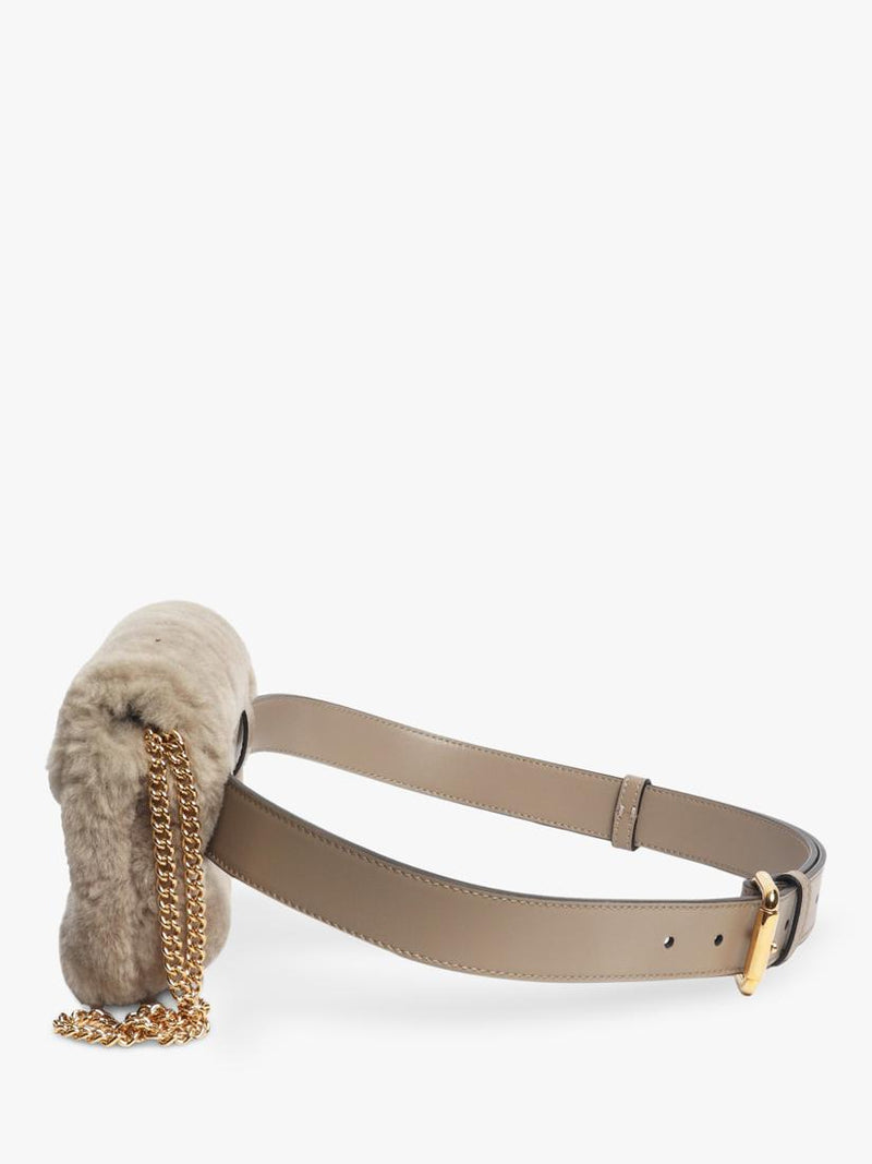 Pre-loved Fendi shearling belt bag taupe with gold hardware, imported from the UK