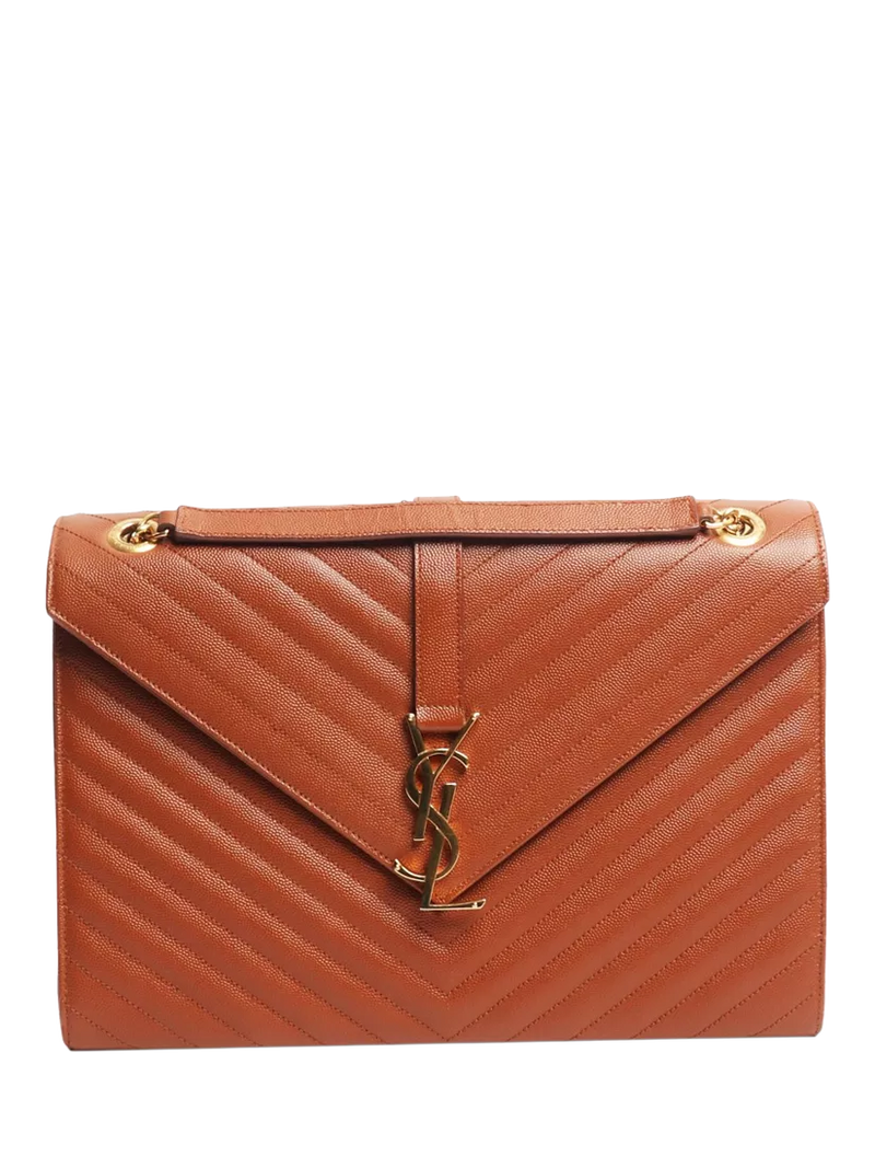 SAINT LAURENT brown leather envelope shoulder bag 31cm, imported from the UK