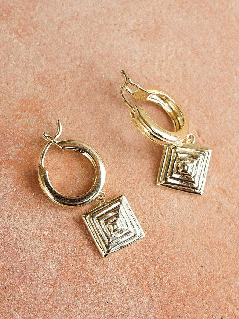 Daisy London gold plated huggie hoop earrings square drop (British brand)