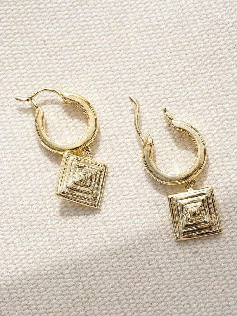 Daisy London gold plated huggie hoop earrings square drop (British brand)