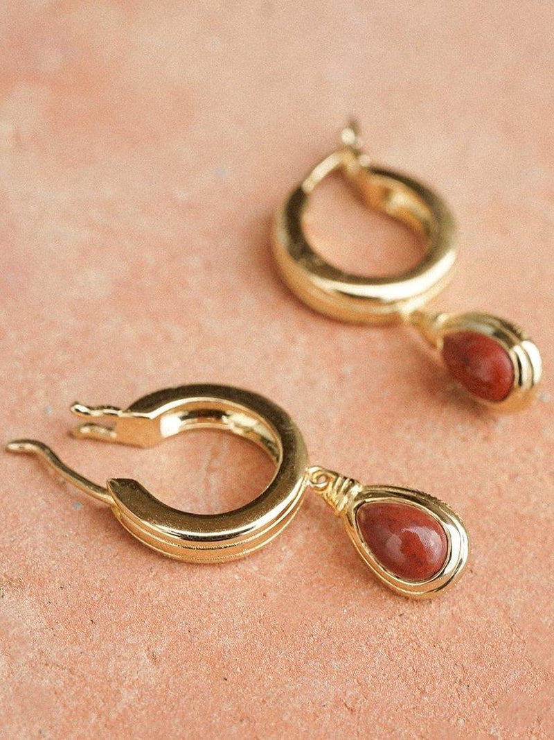 Daisy London 18ct gold plated red jasper hoop earrings, imported from the UK
