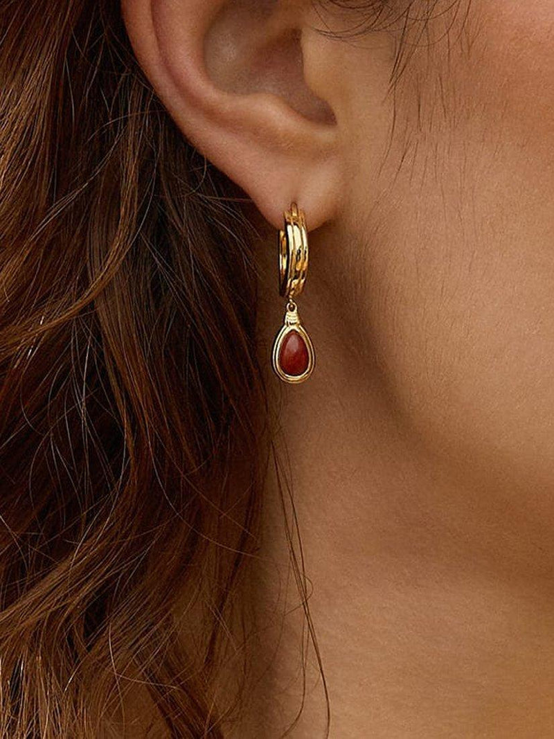 Daisy London 18ct gold plated red jasper hoop earrings, imported from the UK